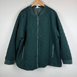 Cj Banks Bomber‎ Jacket Women's 3X Kelly Green Quilted Corduroy Full Zip Outdoor